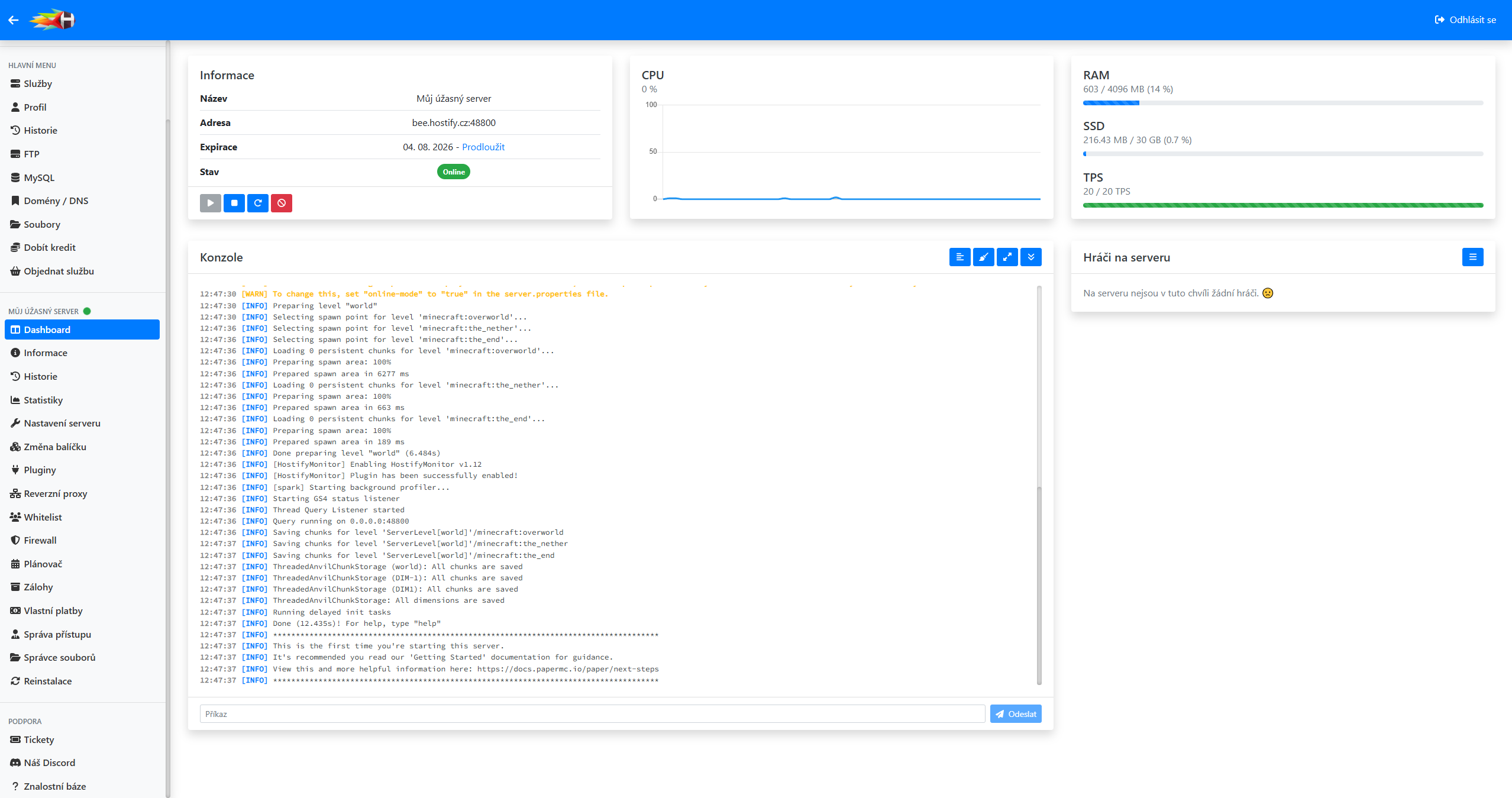 Dashboard serveru v administraci Hostify